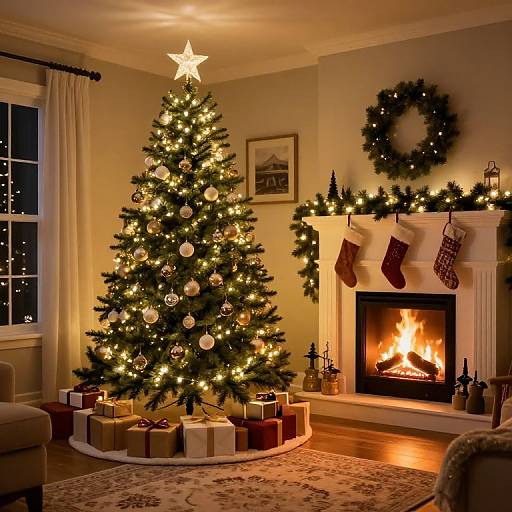 Cozy Christmas living room photo: lit tree with star topper, fireplace with stockings, wreath, and glowing presents on wooden floor.