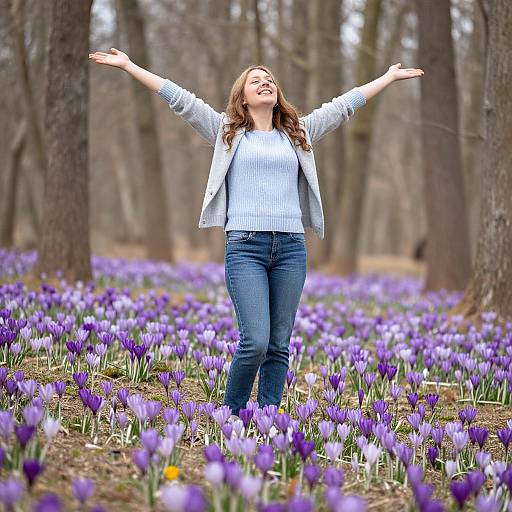 Photograph of a smiling woman with brown hair, wearing a blue shirt, gray cardigan, and jeans, arms outstretched, standing in a