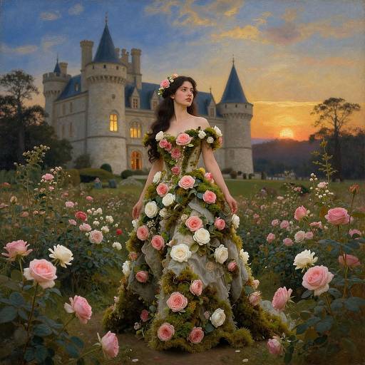 Fairytale princess in a rose and greenery adorned gown, standing in a blooming rose garden, with a castle at sunset. Digital artwork.