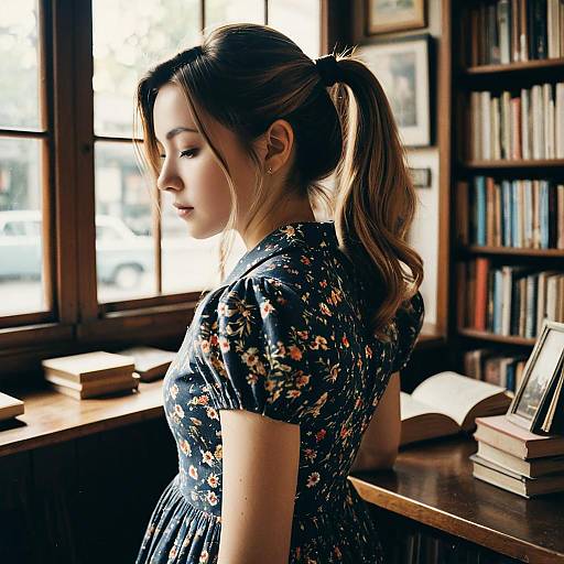 Young Woman in Vintage Dress with Side Ponytail