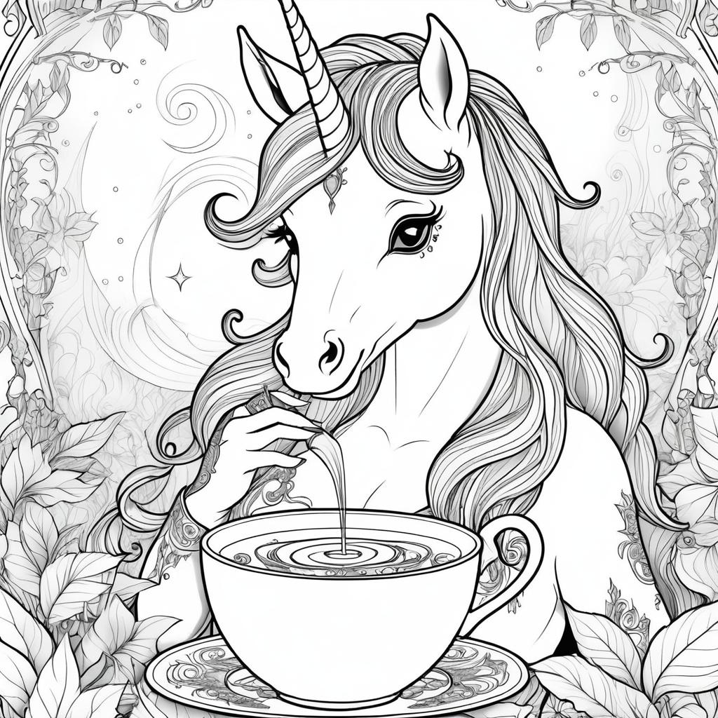 Mystical Unicorn Tea Time Coloring Page