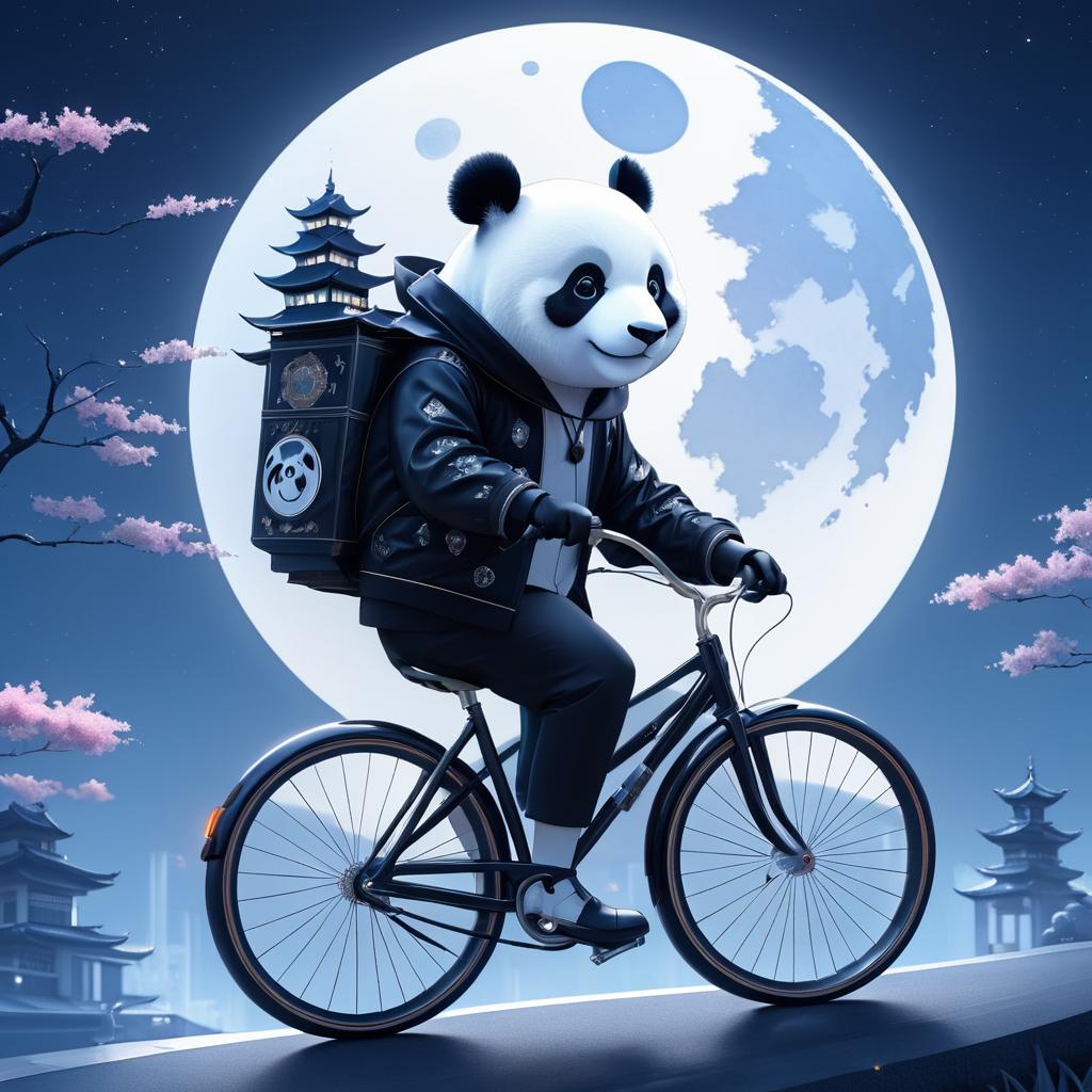 Elegant Panda on Bicycle Under Moonlight