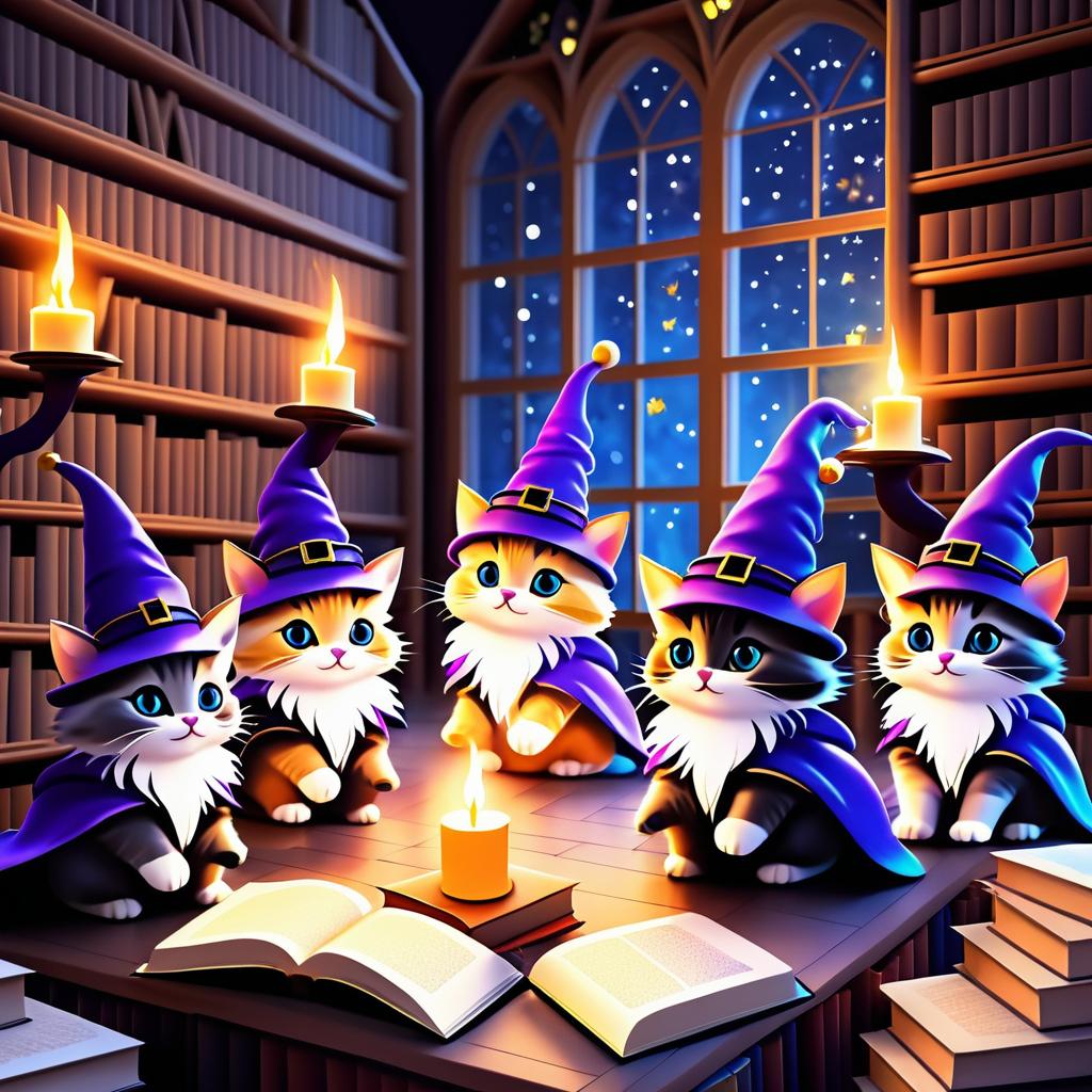 Whimsical Kittens in a Magical Library