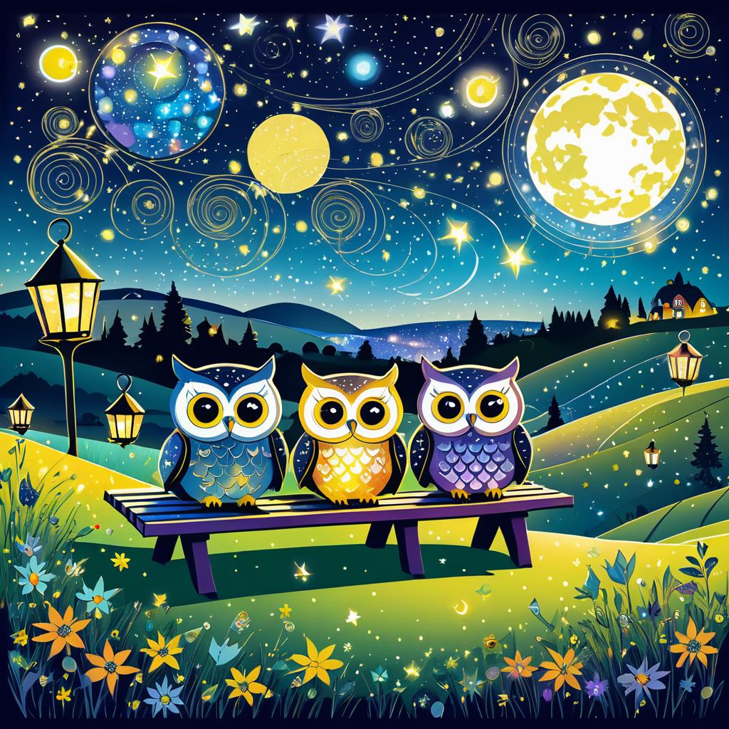 Whimsical Owl Picnic Under Starry Sky