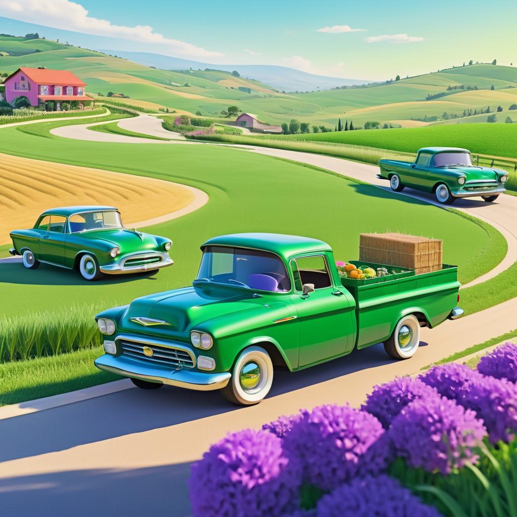 Cheerful Cars in Serene Countryside Scene