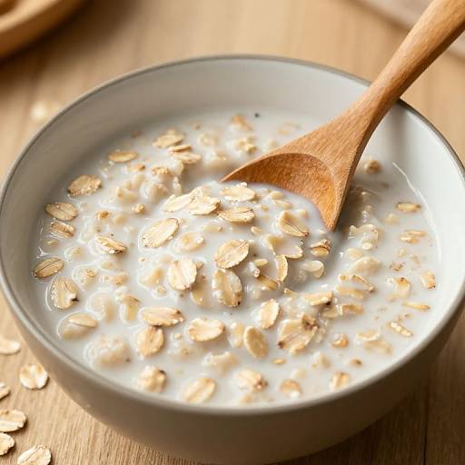 Photograph of a bowl of creamy oat milk with scattered oat flakes, a wooden spoon resting on the surface, on a wooden table.