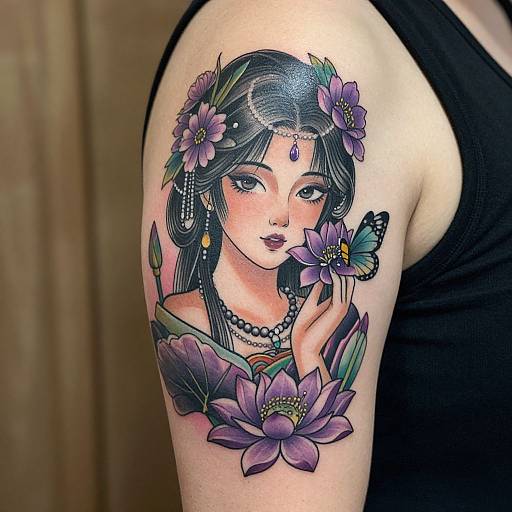 Tattoo of an Asian woman with dark hair, purple flowers, a butterfly, and a jeweled forehead dot on a shoulder.