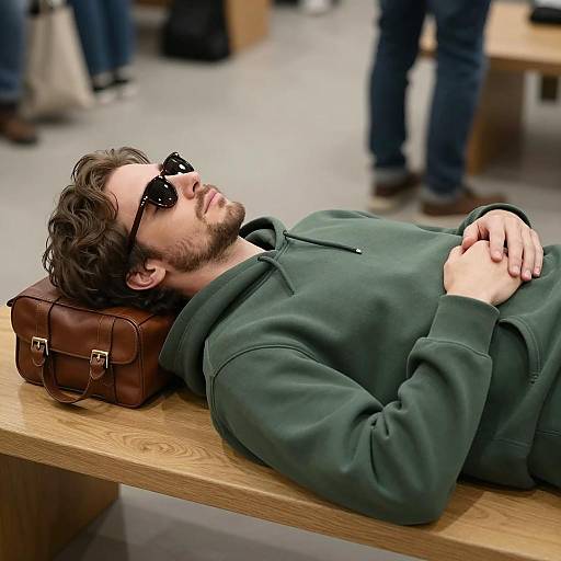 Man Relaxing on Bench with Leather Bag Pillow