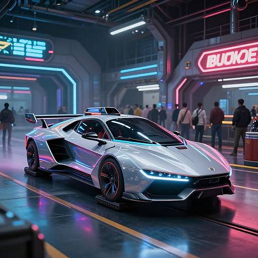 Photograph of a sleek, silver, high-performance sports car with blue LED lights, parked in a futuristic, neon-lit indoor showroom. People in