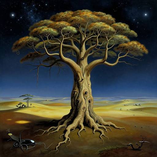 Digital artwork of a towering, twisted baobab tree with intricate bark, under a starry night sky, in a surreal, desert landscape.