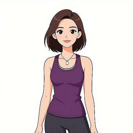 Digital anime-style drawing of a smiling young woman with short brown hair, wearing a purple tank top and black pants.