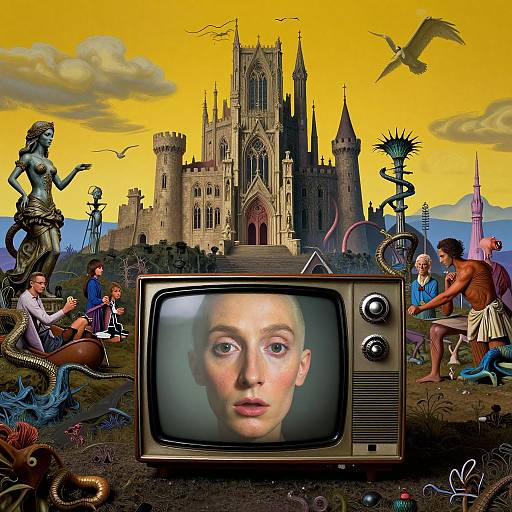 Digital collage: medieval castle, surreal fantasy creatures, vintage TV showing a surprised face, yellow sky, flying bird, mythological figures, vibrant colors.