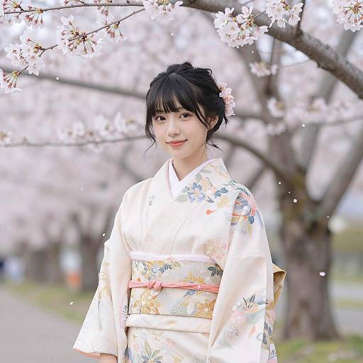Photograph of a smiling Asian woman in a white floral kimono, standing under blooming cherry blossoms, with a blurred pathway behind.