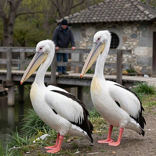 Pelicans and Man by the Bridge