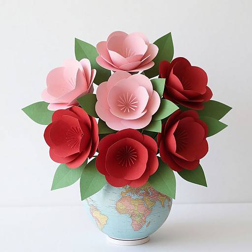 Photograph of a paper flower bouquet in a globe vase, featuring pink and red roses with green leaves, set against a white background.