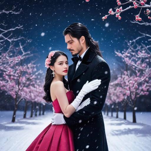 Elegant Couple Embracing in Snowy Blossom Garden