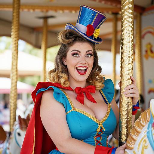 Photograph of a smiling, curvy woman with wavy brown hair, wearing a blue top hat, blue dress with gold trim, red cape,