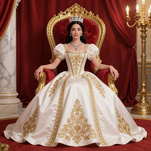 Regal woman in white, gold-embroidered gown, tiara, and pearl necklace, sits on an ornate gold throne, red velvet
