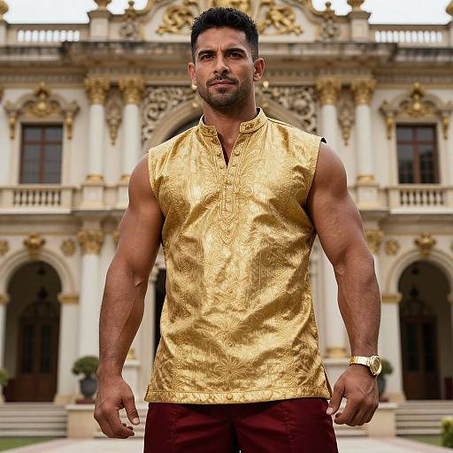 Muscular man with short black hair, gold sleeveless shirt, and maroon pants stands confidently in front of ornate, baroque-style mansion.