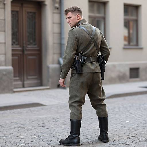 Photograph of a serious, young Caucasian man in a green WWII-era military uniform, black boots, and holstered pistol, walking on a cobble