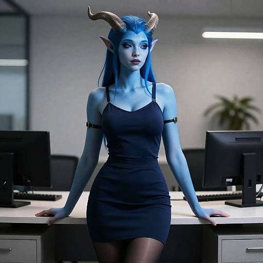 Blue Skinned Draenei Woman in Office