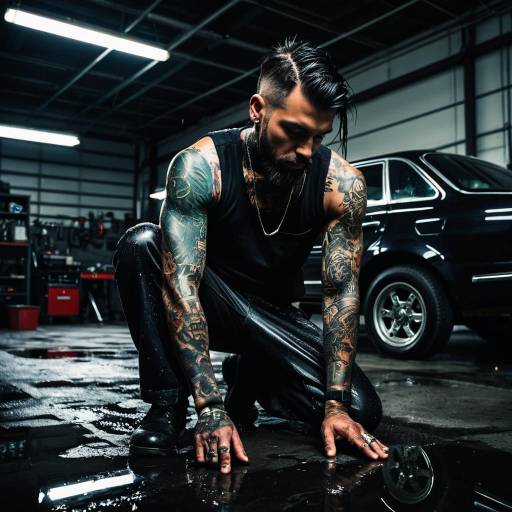 Tattooed Mechanic in Industrial Garage