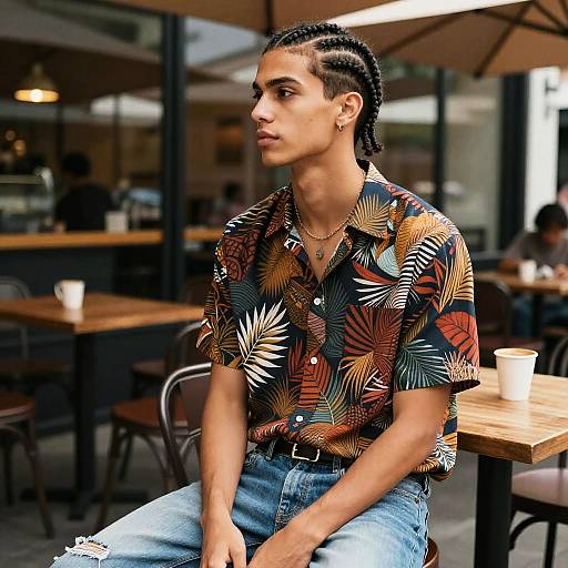 Photograph of a young man with braided hair, wearing a colorful tropical print shirt and blue jeans, sitting at a café table with a coffee cup
