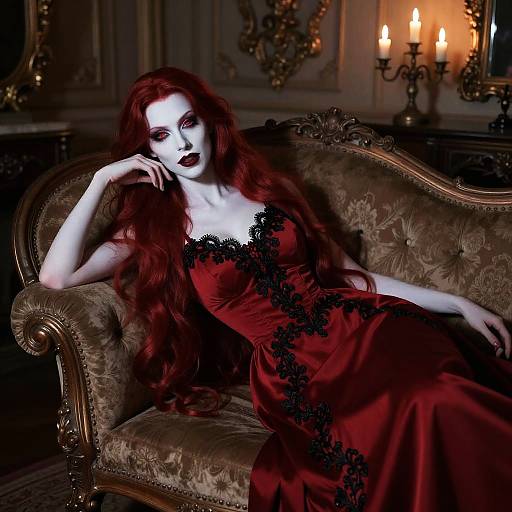 Gothic-style photograph of a pale woman with long red hair, wearing a red lace-trimmed dress, reclining on an ornate gold