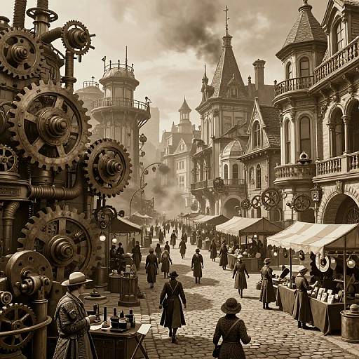 Sepia-toned steampunk market scene with intricate clockwork gears, Victorian-style buildings, cobblestone street, and Victorian-era people shopping and