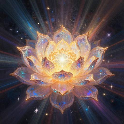 Digital artwork of a glowing, ethereal lotus flower with translucent petals, radiating bright yellow light against a starry, dark space background with vibrant