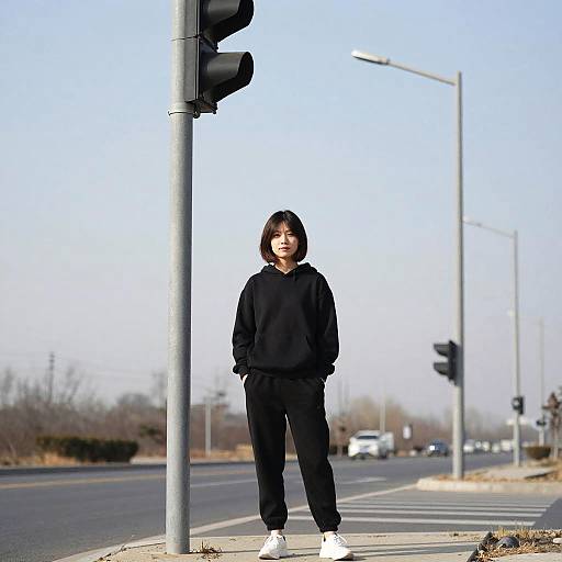 Solo Girl Standing by Road Outdoors