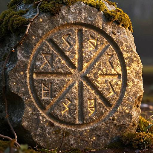Photograph of a moss-covered stone with a cross and peace symbol, illuminated by golden sunlight. Ancient runes and symbols are engraved on its weathered surface