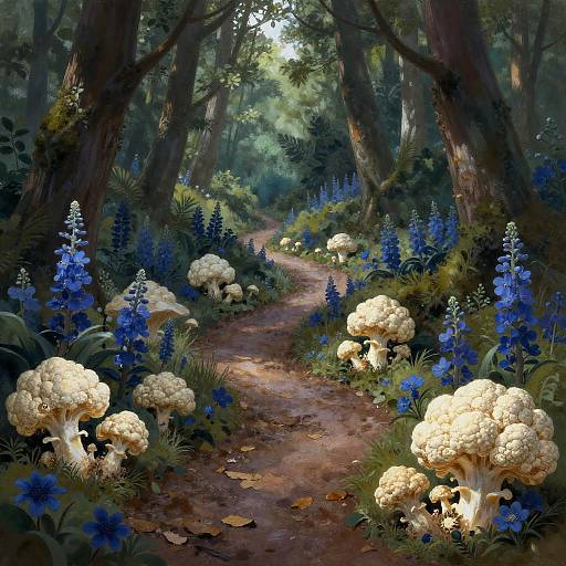 Dreamy Forest Path with Magical Fungi