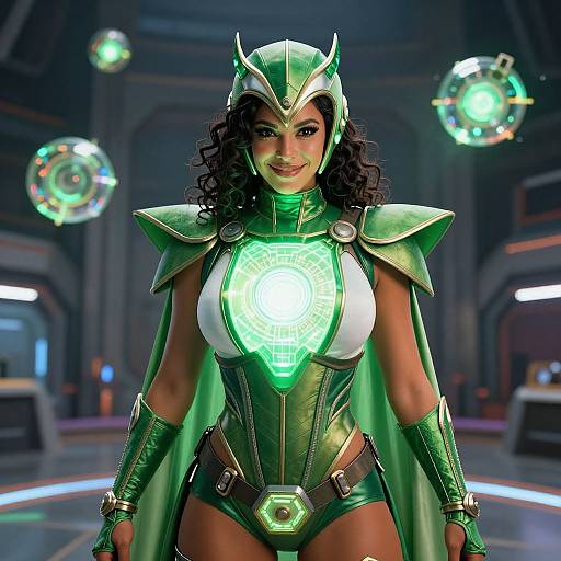 CGI image of a curvy woman with dark curly hair in a green, futuristic superhero costume with glowing helmet and chest. Sci-fi background with floating