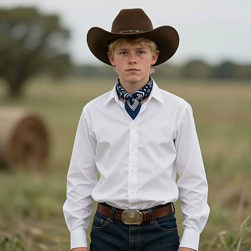 Photograph of a young blonde boy in a white shirt, brown cowboy hat, blue jeans, and bandana, standing in a rural field with a