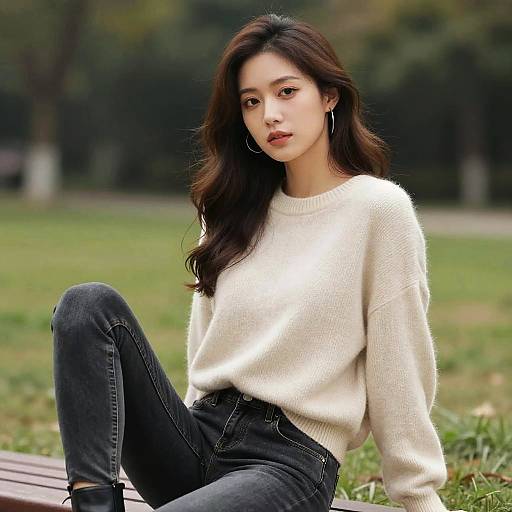 Young Woman Sitting in Park Wearing Sweater and Jeans