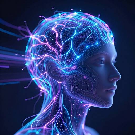 Digital artwork of a glowing, neon blue and pink human head profile with intricate, luminescent neural network patterns against a dark background.