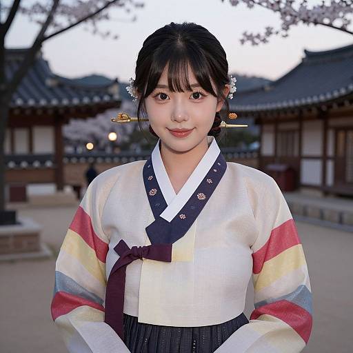 Photograph of a young Asian woman with fair skin, black hair in a traditional updo, wearing a colorful, striped hanbok with white,