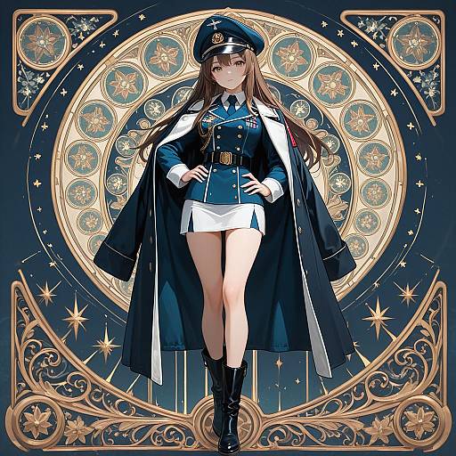 Anime Girl in Military Uniform with Art Nouveau Background