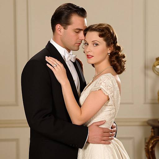 Photograph of a romantic couple in vintage attire; the man in a black tuxedo, the woman in a white lace dress, embracing intimately in