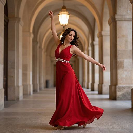 Photograph of a smiling, dark-haired woman in a flowing red gown with a silver belt, dancing gracefully in a sunlit, arched stone corridor