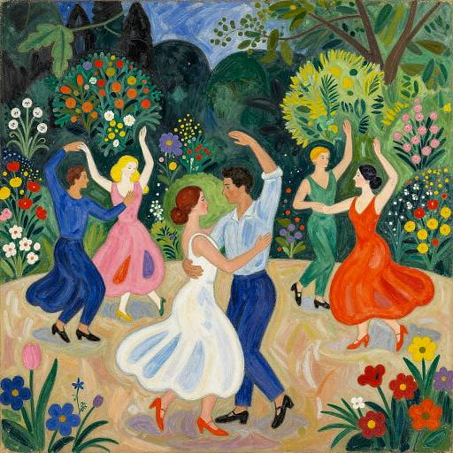 Festive painting of five dancers, two men and three women, in colorful dresses, twirling in a vibrant, flower-filled garden.