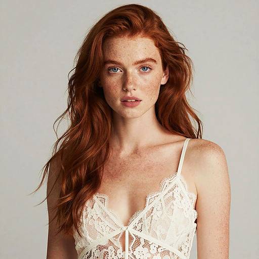 Photograph of a fair-skinned, freckled woman with long, wavy red hair, wearing a delicate white lace top, against a plain