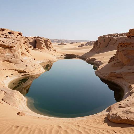 Photograph of a serene desert oasis with a calm, reflective water pool surrounded by rugged, sandy, rock formations under a clear blue sky.