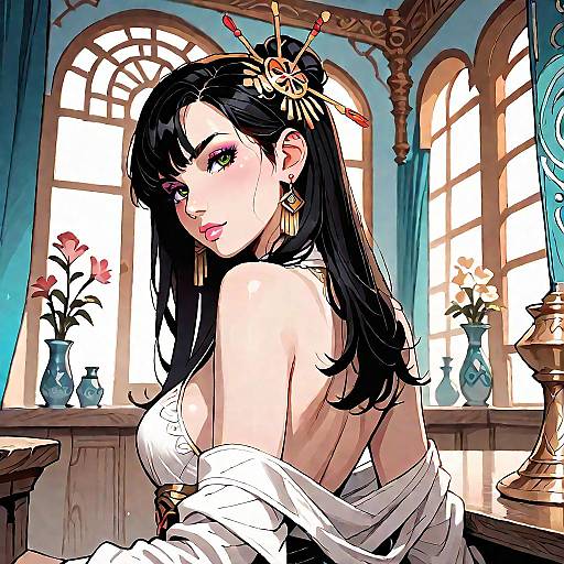 Digital anime-style drawing of a beautiful Asian woman with long black hair, white dress, gold hairpins, and earrings, looking over her shoulder in a