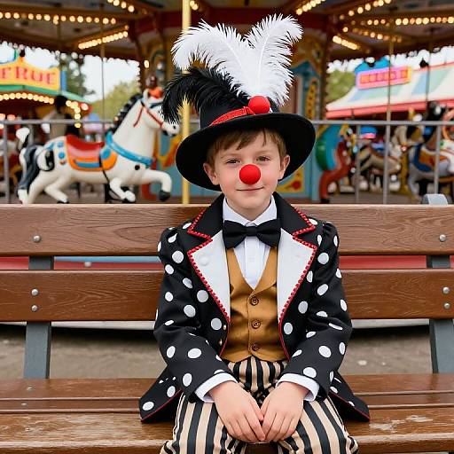 Photograph of a young boy with a red nose, black polka-dot jacket, striped pants, and feathered hat, sitting on a bench at