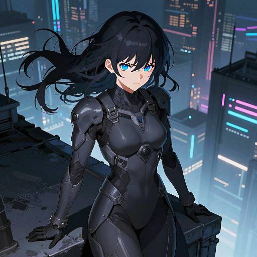Digital anime-style drawing of a blue-eyed, black-haired woman in a tight, black, futuristic bodysuit standing on a rooftop at night, with