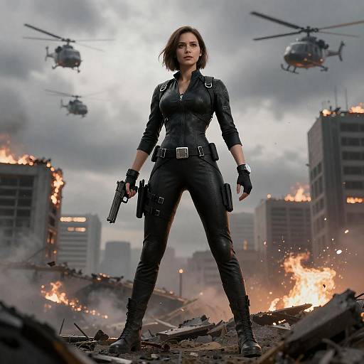 Female Warrior in Black Bodysuit in Devastated City