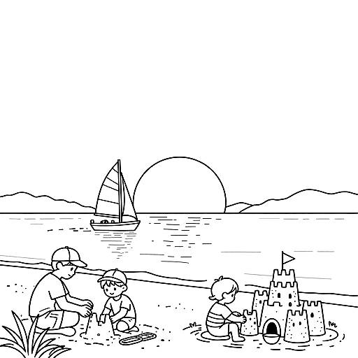 Sunset Beach Family Coloring Scene