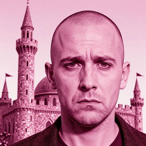 Close-up of a bald, serious-looking man in front of a pink-hued, medieval castle with towers and a dome. High-contrast, mon